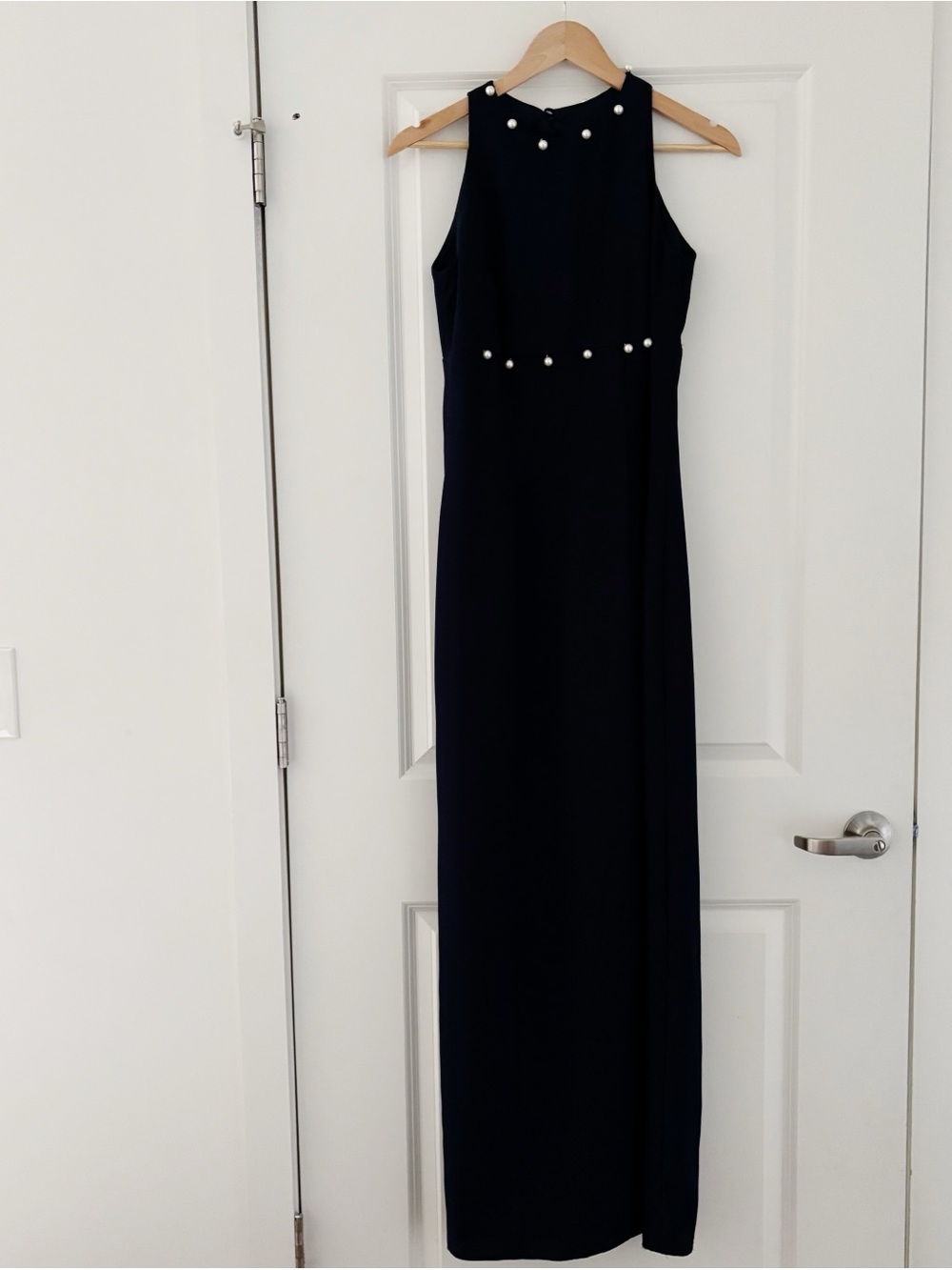 VTG Watters & Watters Pearl Detail High Neck Formal Dress Navy Old Money Classic
